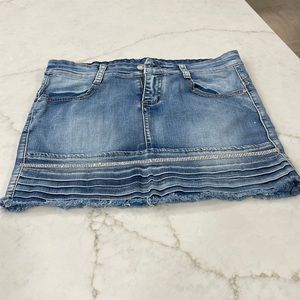 Stretch denim miniskirt with rhinestone trim